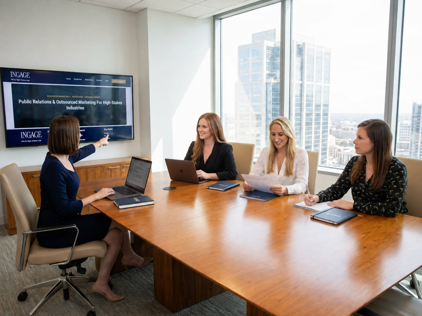 INGAGE team reviewing crisis communications strategy in a conference room